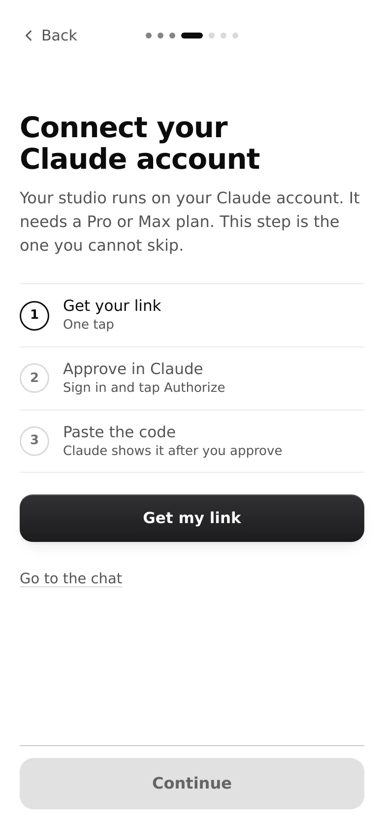 The Claude step: three numbered steps, get your link, approve in Claude, paste the code, with a Get my link button.