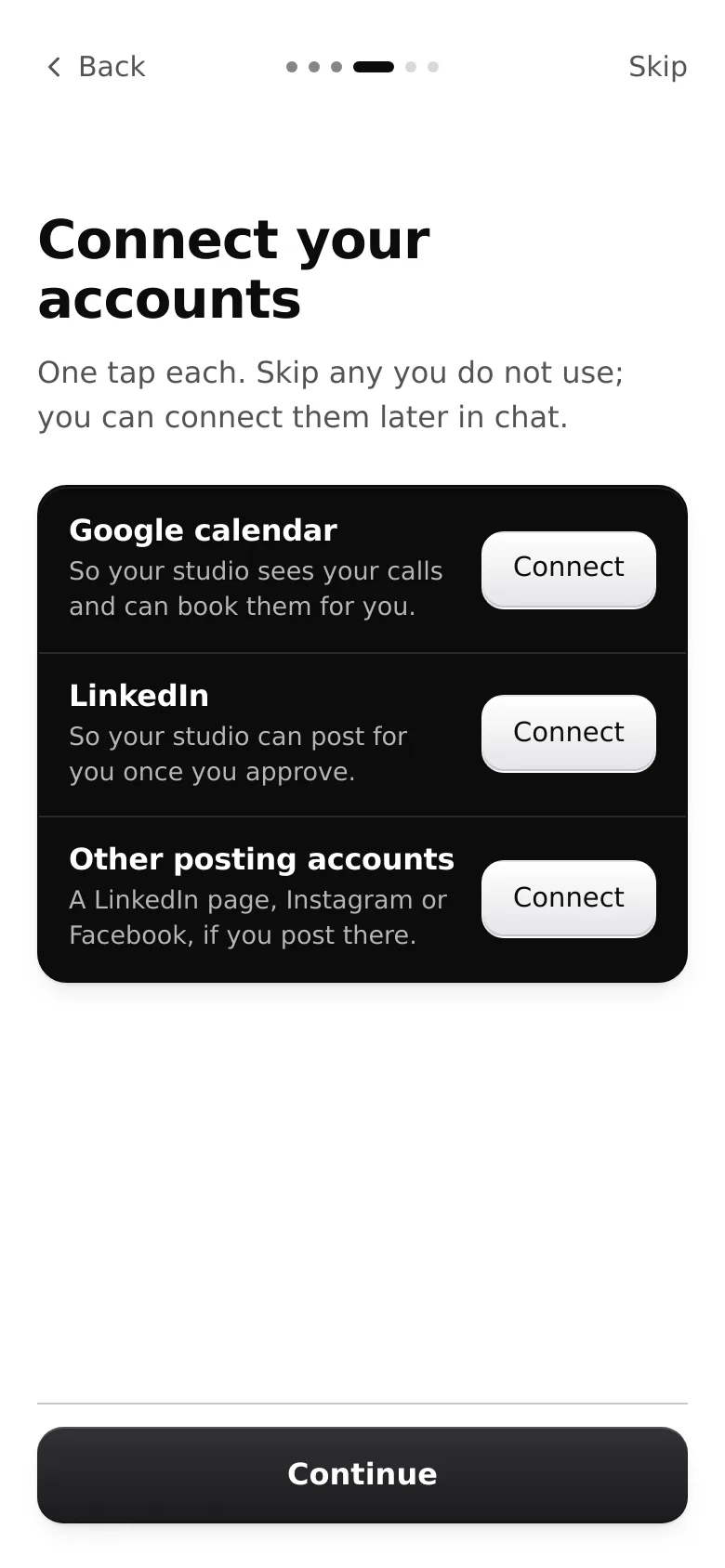 The connections step: Google calendar, LinkedIn and Other posting accounts, each with a Connect button.