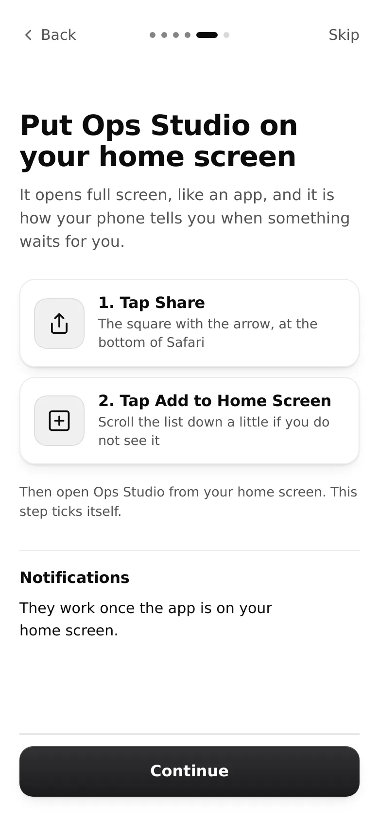 The home screen step on an iPhone: tap Share, then tap Add to Home Screen, with a note that notifications work once the app is on the home screen.