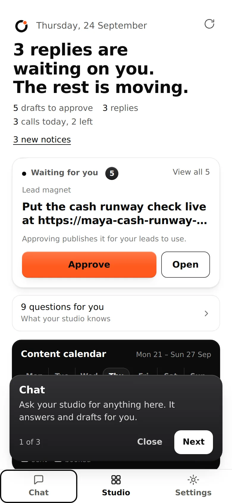 The Studio tab with the first tour tip over it: Chat, ask your studio for anything here, with Close and Next buttons.
