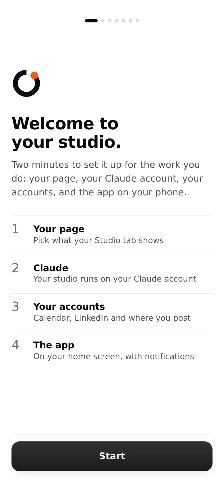 The welcome screen: Welcome to your studio, with four parts listed: your page, Claude, your accounts and the app, and a Start button.