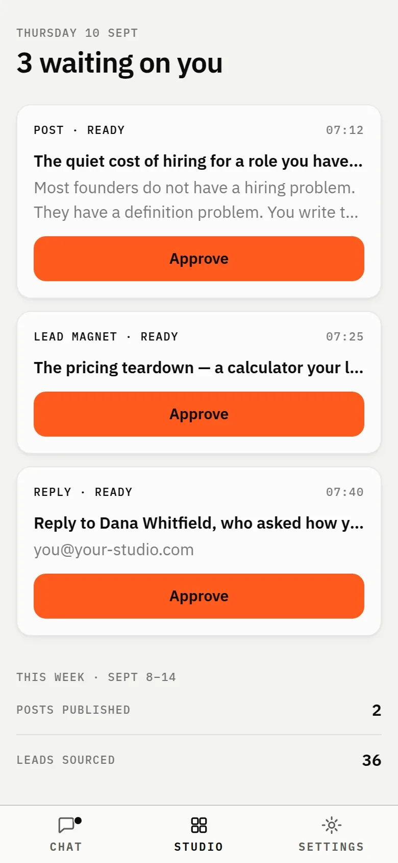 A founder's morning queue: three pieces ready, each with its own Approve button.