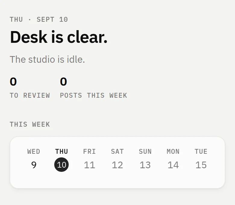 The studio home on a clear day: the desk is clear, zero drafts to review, zero posts due, and the week ahead is empty.