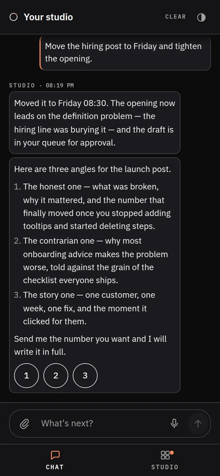 The studio open on a founder's phone. It lays out three angles for a launch post and asks which one to write in full.