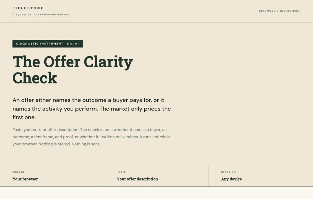 The top of an interactive lead magnet, an offer clarity check that scores a founder's offer in the browser.