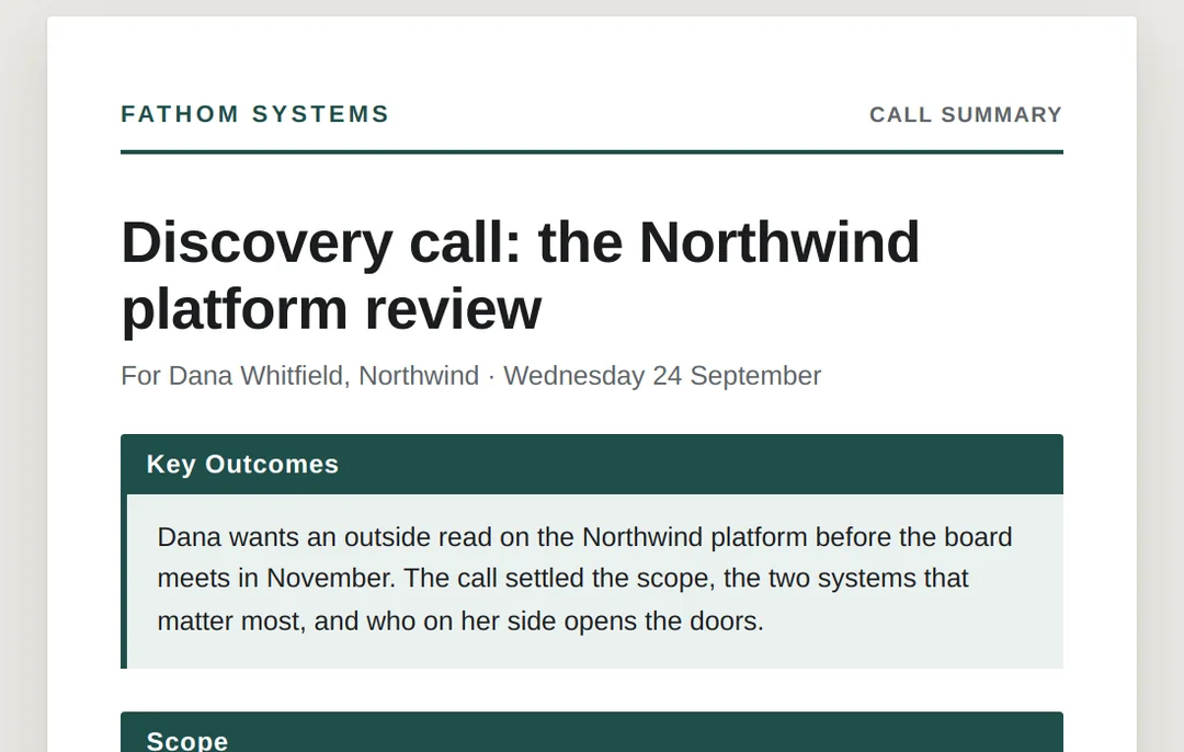 The cover of an after-call summary document in the founder's brand.