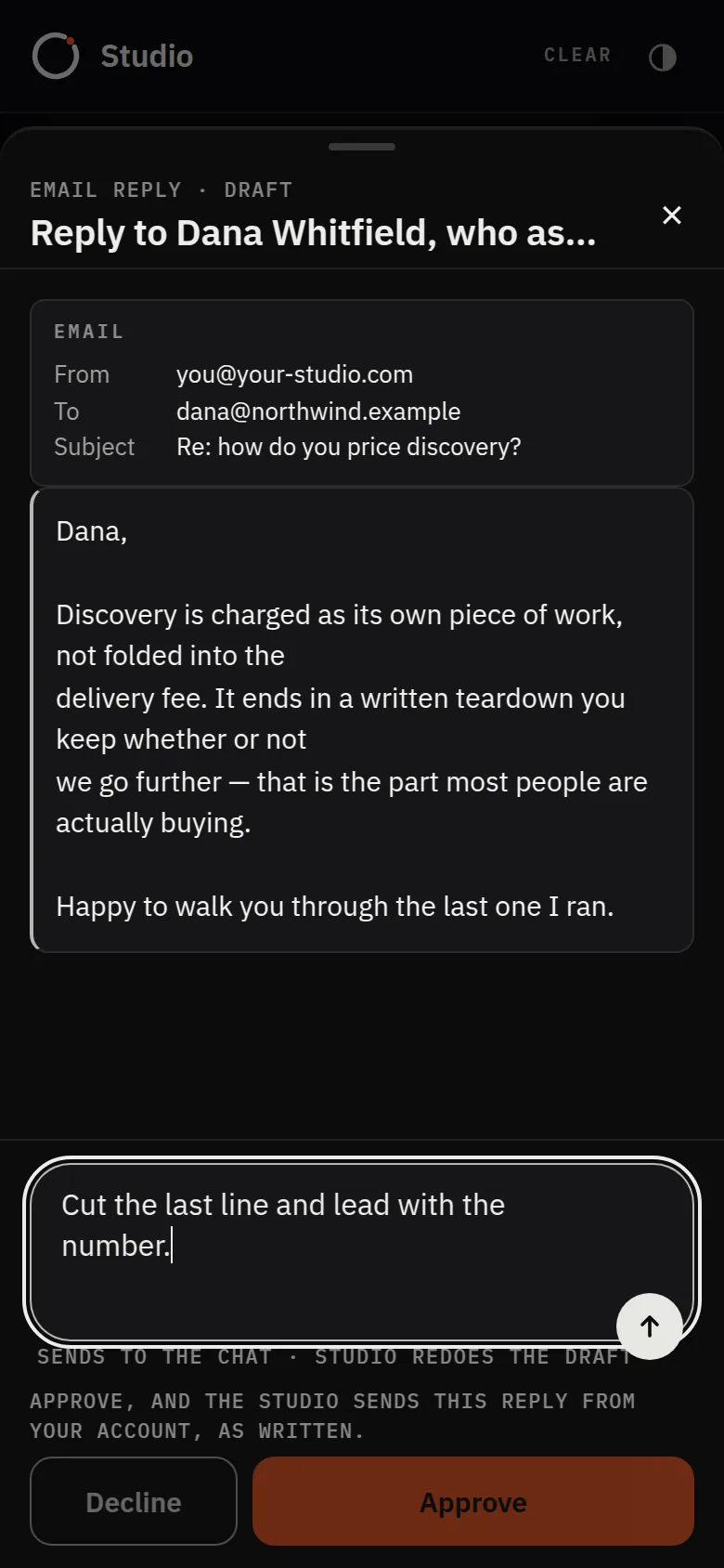 A draft post open on the review canvas, with a feedback line typed in and approve and decline buttons.