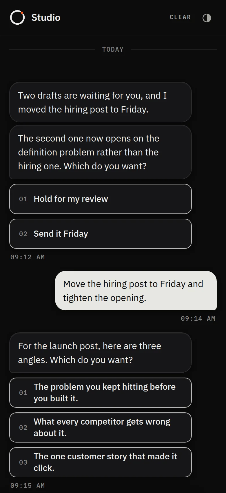 The studio's chat on a phone, offering tap-to-choose options for the next post.