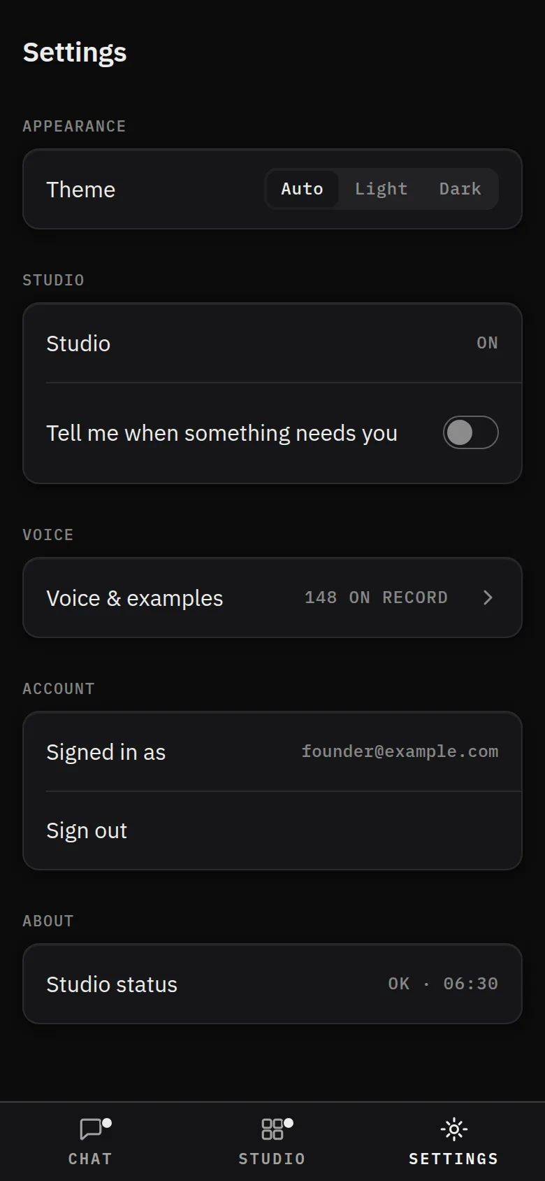 The settings screen: theme, notifications, voice examples on record, and the signed-in account.